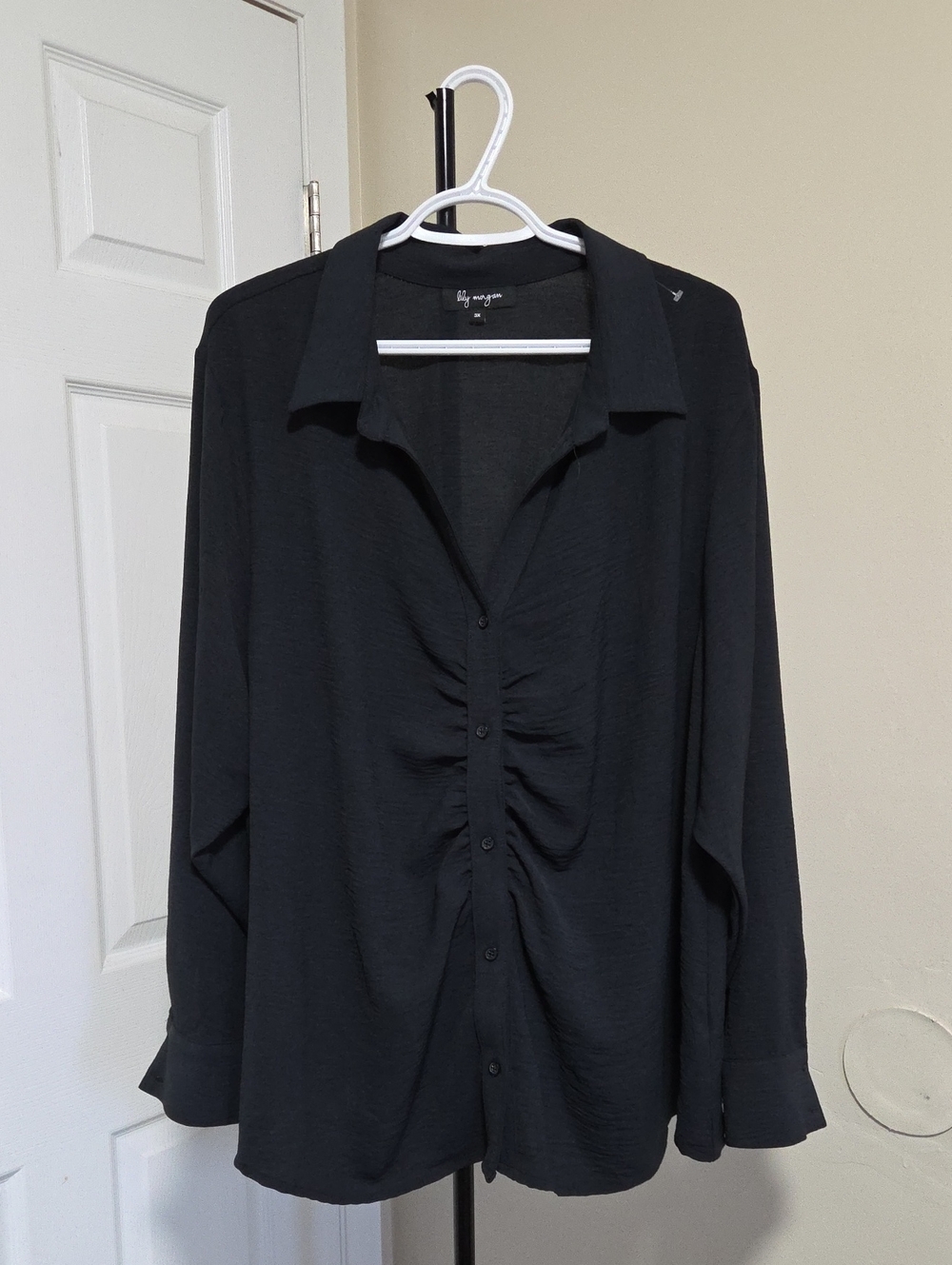 Lily Morgan Plus Size Black Ruched-Front Button Down Shirt - Women's